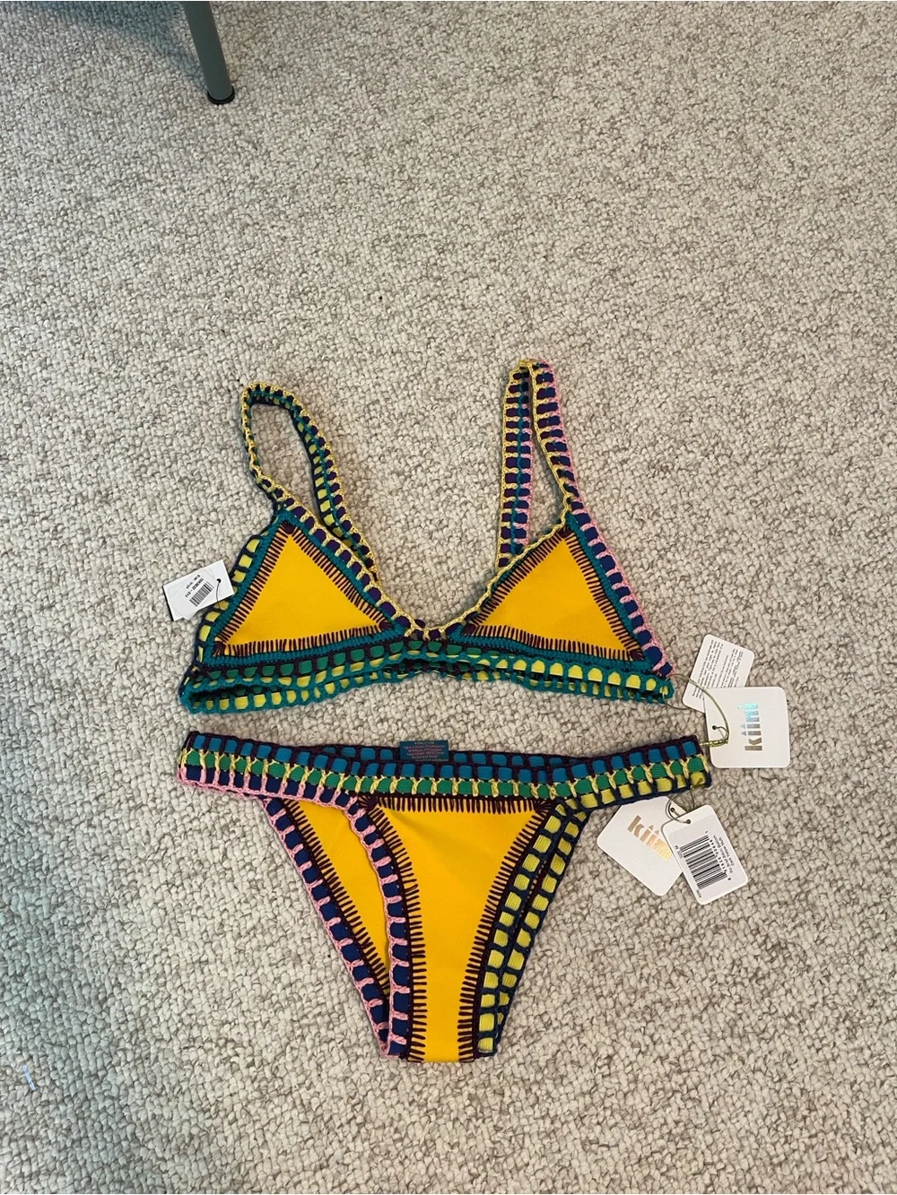 NWT KIINI Yellow Crochet-Trim Bikini Set with Multicolor Edging Large